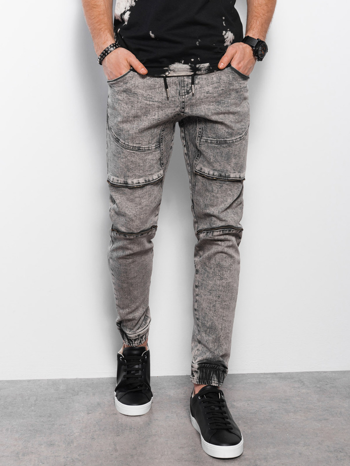 Men's marbled JOGGERS pants with decorative stitching - gray V4 OM-PADJ-0111