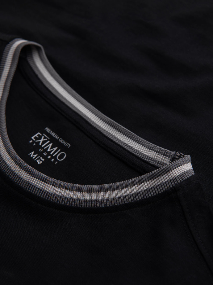 Men's cotton longsleeve with striped U neckline and embroidery - black V4 OM-LSCL-0128