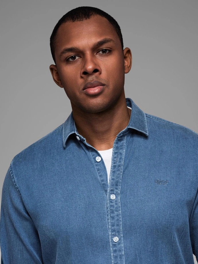 Men's denim shirt with lyocell and embroidery on the chest - blue V2 OM-SHDS-0180