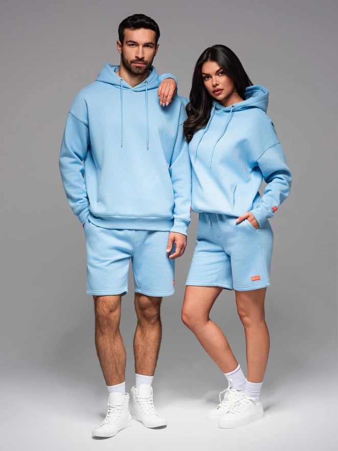 UNISEX sportinio kostiumo komplektas su gobtuvu ir sportinio stiliaus šortais - mėlynas V8 Z110