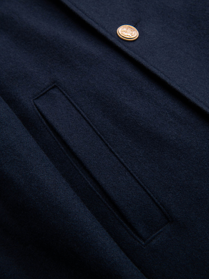 Men's double-breasted coat with wool and decorative shoulder applications - V1 navy blue OM-COWC-0150