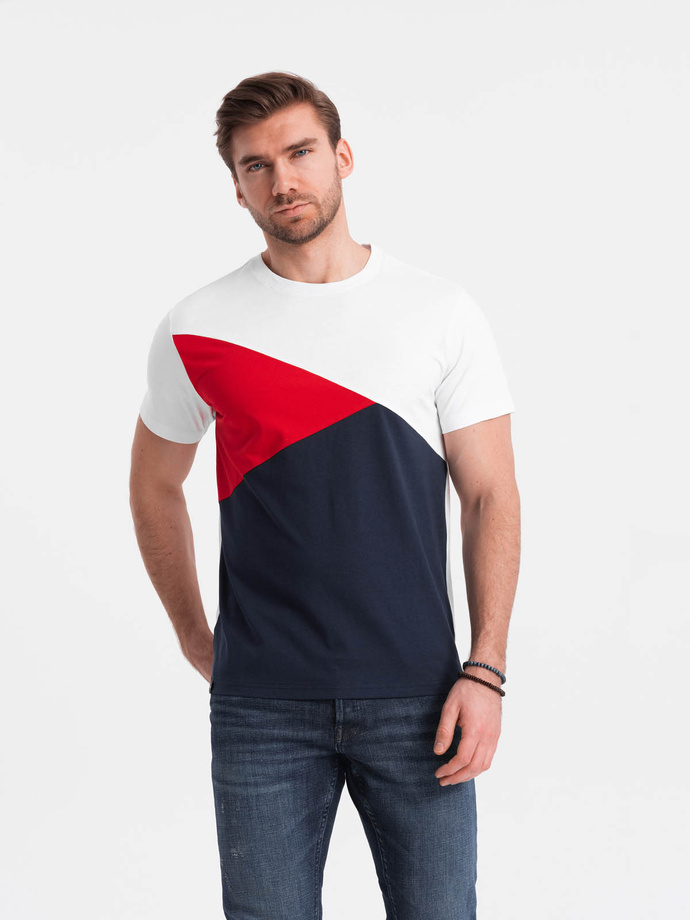 Tricou tricolor din bumbac pentru bărbați - alb și navy V3 OM-TSCT-0174