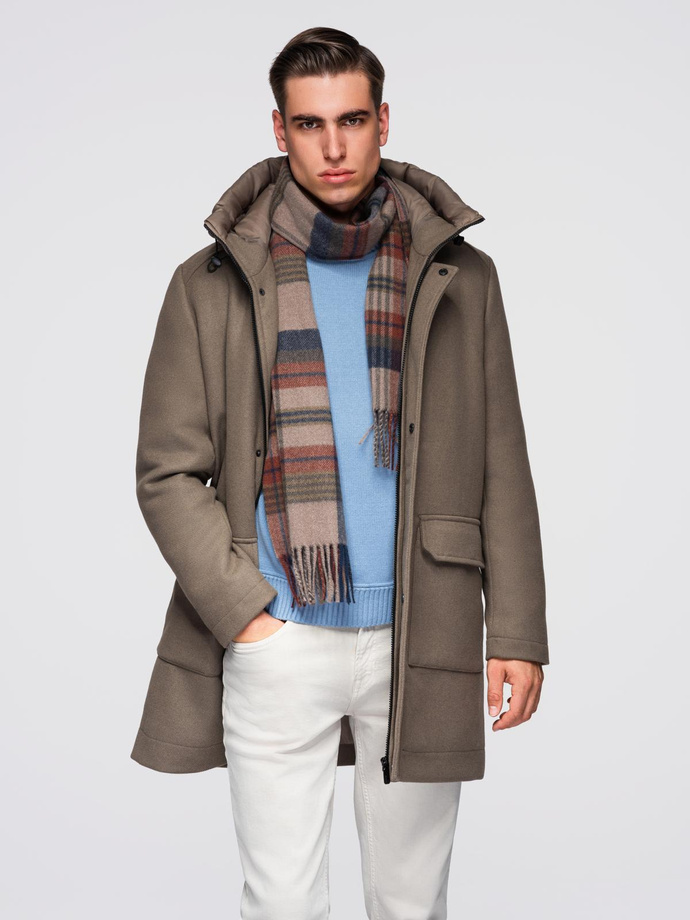 Palton parka din lână pentru bărbați cu glugă - kaki V2 OM-COWC-0132