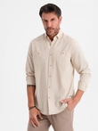 Men's linen shirt with classic collar and pockets REGULAR FIT - cream V3 OM-SHCS-0134