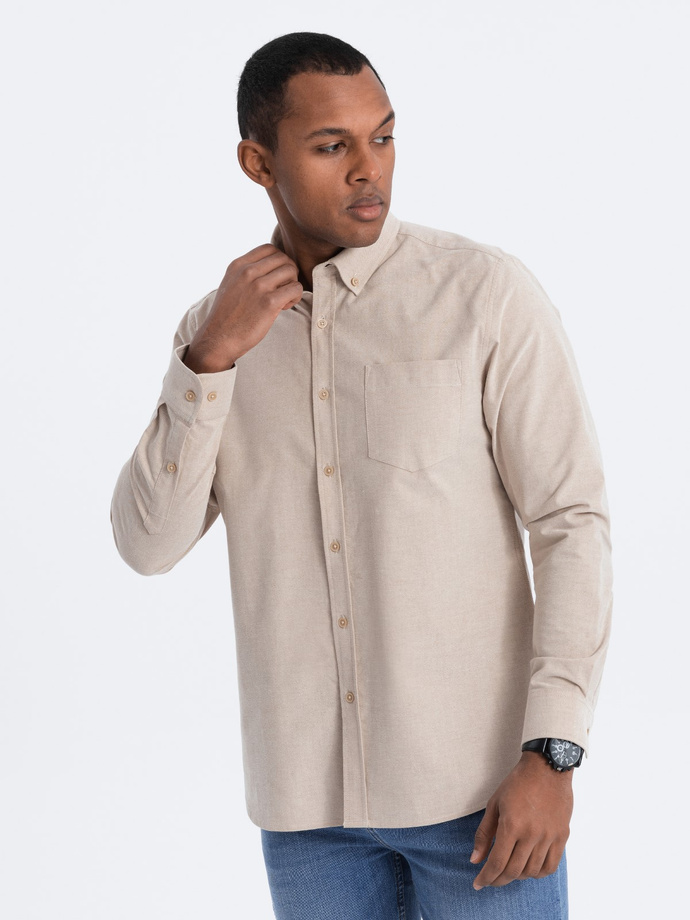 Men's REGULAR FIT cotton shirt with pocket - beige V1 OM-SHOS-0153