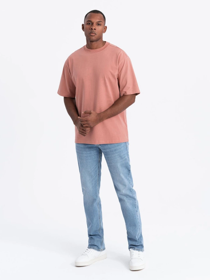 Men's cotton LOOSE FIT t-shirt with round neckline - pink V5 OM-TSBC-0234
