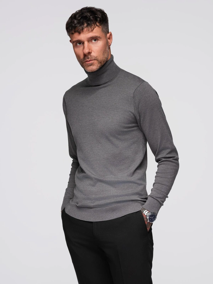 One color men's knitted turtleneck with viscose - grey melange V2 OM-SWTN-0101