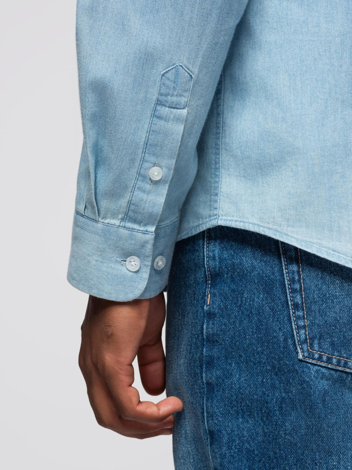 Men's denim shirt with embroidered pocket - light blue V1 OM-SHDS-0181