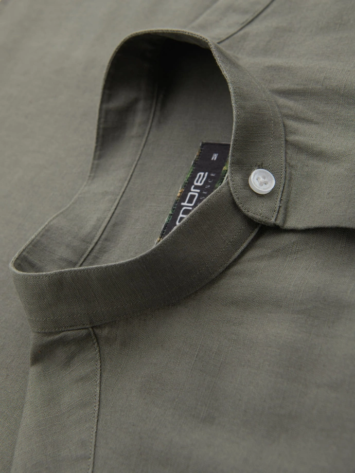 Men's linen shirt with stand-up collar and pocket REGULAR FIT - khaki V6 OM-SHCS-0161