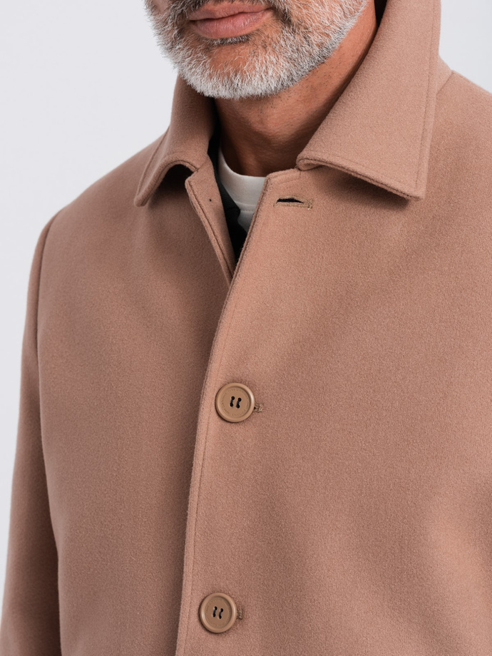 Single-breasted men's long coat with collar and bolster - brown V2 OM-COWC-0106
