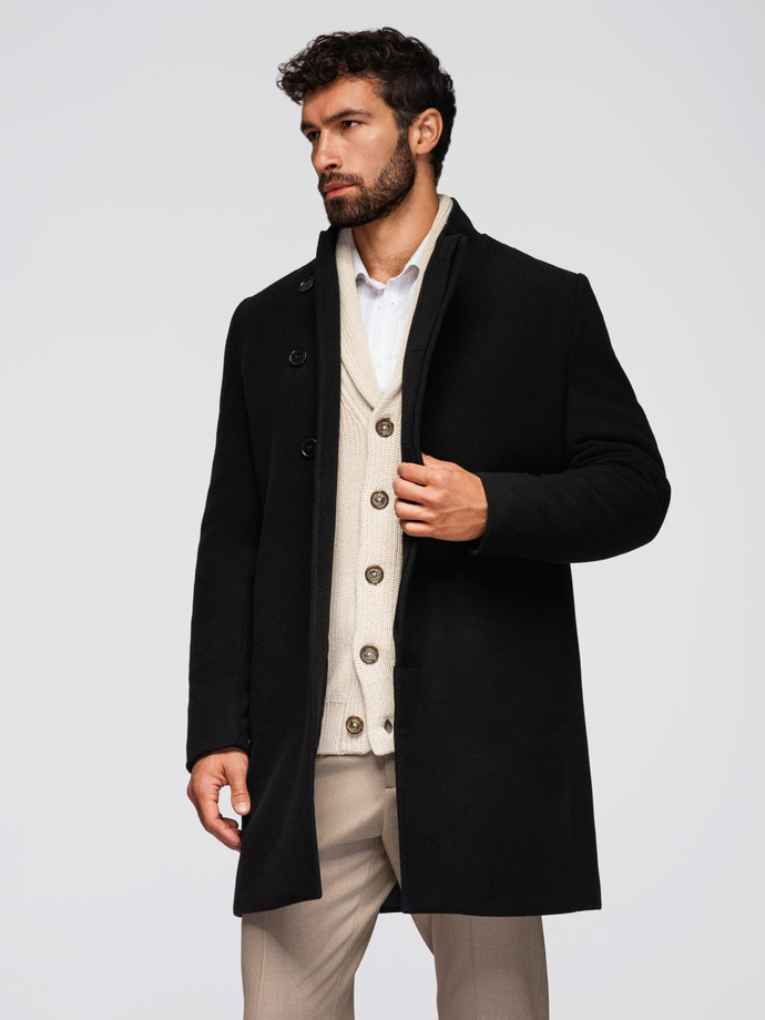 Men's coat with high collar and asymmetrical fastening - black V2 OM-COWC-0141
