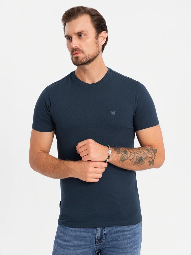 Pánske tričko SLIM FIT s okrúhlym výstrihom a logom - tmavomodré V2 OM-TSCT-0220