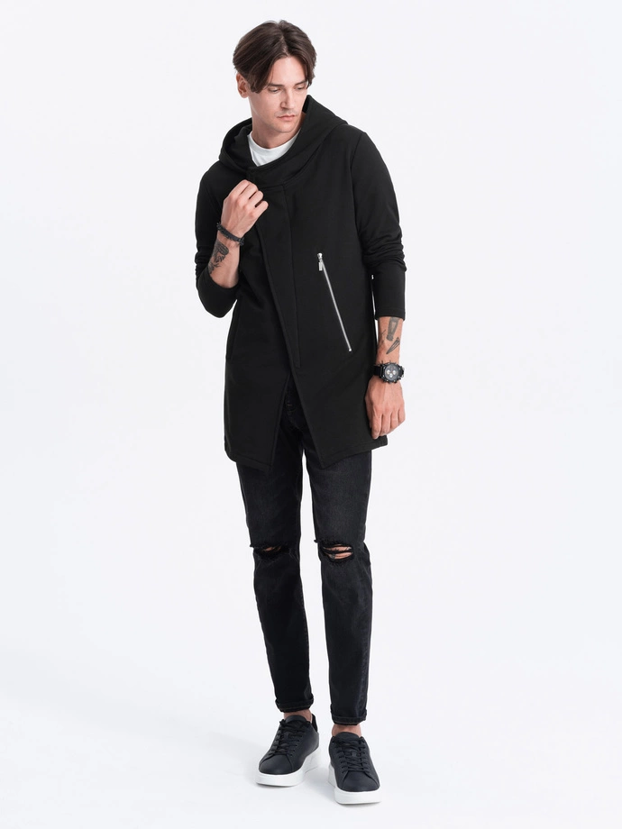 Men's long sweatshirt with asymmetrical button-up HAGA - black B668