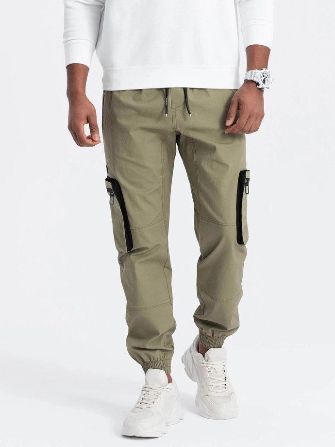 Pantaloni JOGGER pentru bărbați cu buzunare cargo cu fermoar - gri deschis V1 OM-PAJO-0135