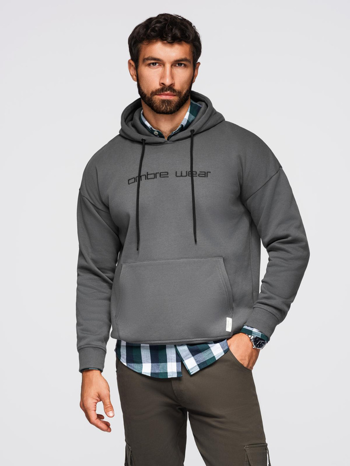 Men's kangaroo sweatshirt with embroidery and hood - graphite V2 OM-SSNZ-0241