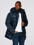 Men's quilted jacket with combined materials and hood - navy blue V3 OM-JALJ-0266