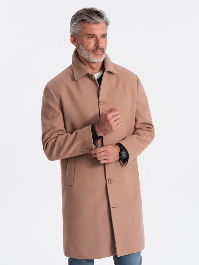 Single-breasted men's long coat with collar and bolster - brown V2 OM-COWC-0106