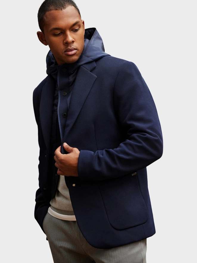 Men's jacket with hooded lining and high collar - navy blue V3 OM-BLZB-0133