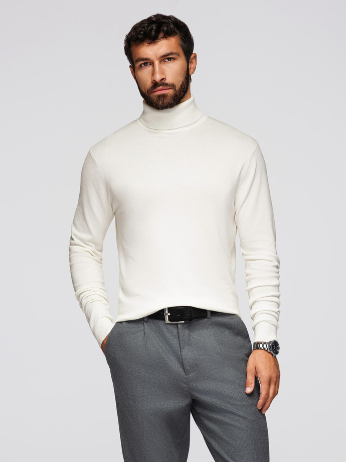 Men's knitted fitted turtleneck with viscose - ecru V3 OM-SWTN-0101