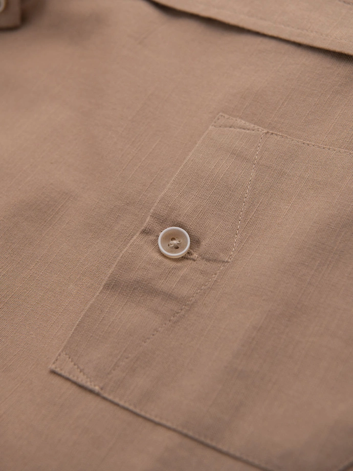 Men's linen shirt with classic collar and pockets REGULAR FIT - light brown V7 OM-SHCS-0134