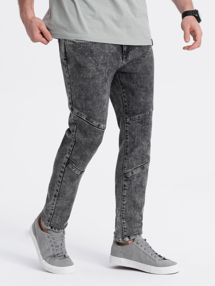 Men's slim fit denim pants with stitching at the knees - grey V3 OM-PADP-0109