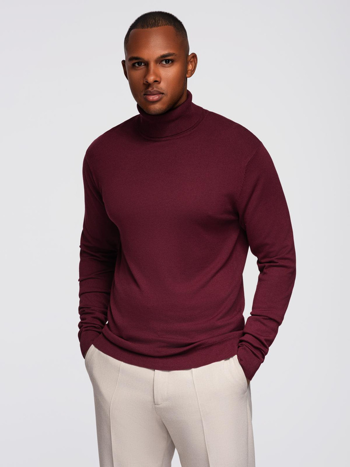 Men's single color knitted turtleneck with viscose - maroon V4 OM-SWTN-0101