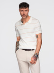 Men's horizontal striped viscose polo shirt - white and beige V4 OM-POSS-0145
