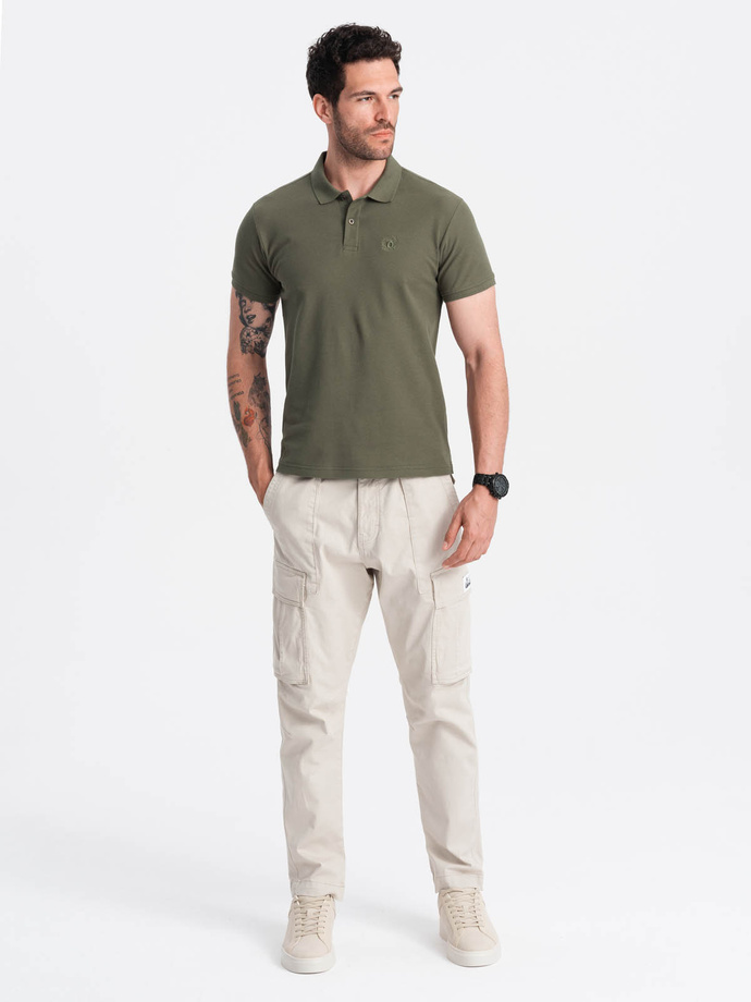 Men's BASIC single-color pique knit polo shirt - dark olive green V6 OM-POBS-0100