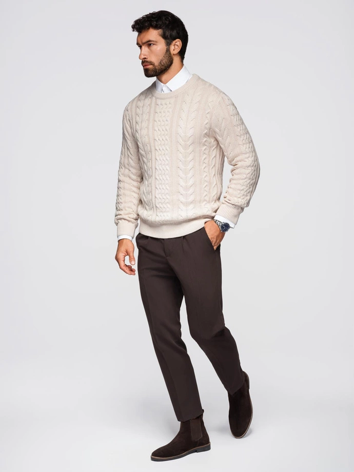 Elegant men's sweater with interesting weave - ecru V1 OM-SWSW-0173