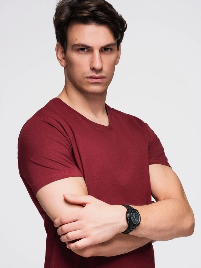 Bumbac clasic pentru bărbați BASIC tricou cu guler în V - maro V10 OM-TSBS-0145