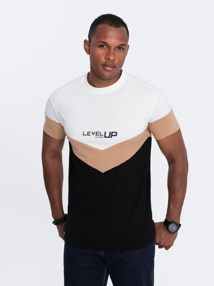 Tricou bărbătesc din bumbac cu logo tricolor - negru și maro V3 S1747