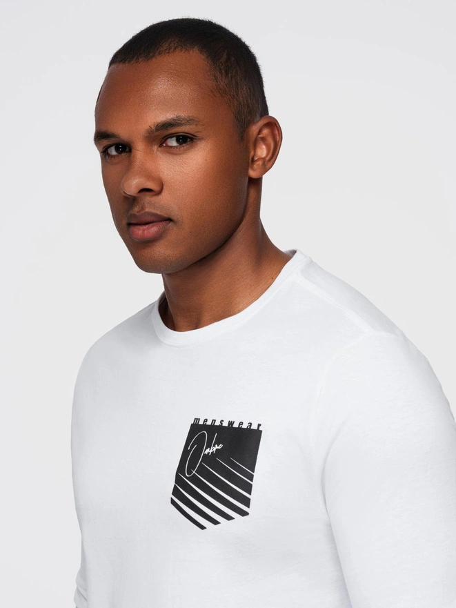 Longsleeve męski z printem w kształcie kieszonki - biały V1 OM-LSPT-0118