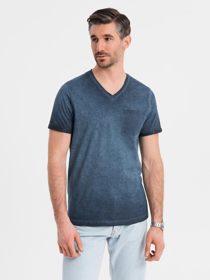 Tricou bărbătesc din bumbac cu logo dublu imprimat - albastru marin V3 OM-TSPT-0211