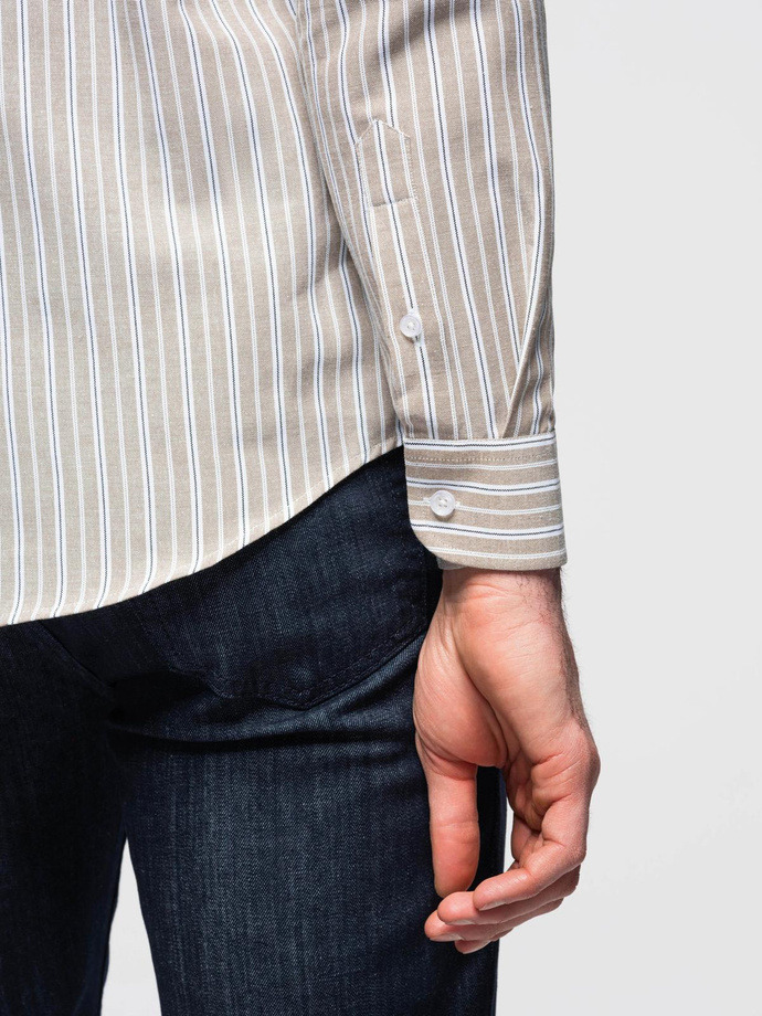 Men's cotton REGULAR FIT shirt with fine stripes - beige V1 OM-SHOS-0170