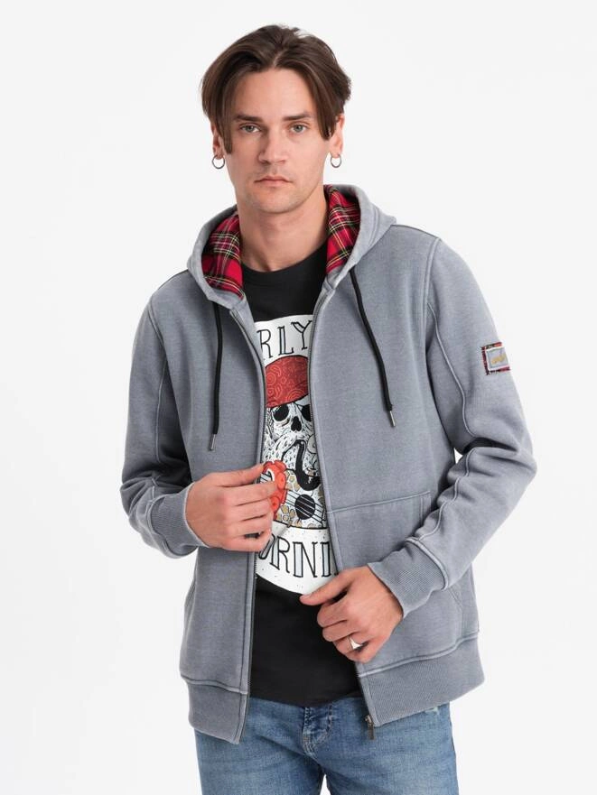 Washable men's unbuttoned hooded sweatshirt - light blue V3 OM-SSDS-0110