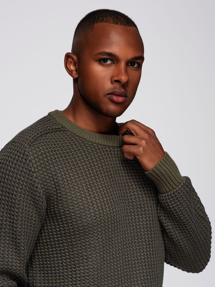 Men's contrast weave sweater with round neckline - dark olive V2 OM-SWSW-0122