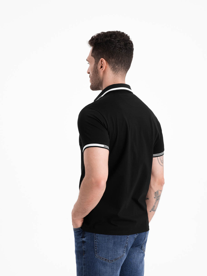 Pánské elastanové polo tričko s kontrastními prvky - černé V2 OM-POSS-0123