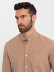 Men's linen shirt with stand-up collar and pocket REGULAR FIT - light brown V7 OM-SHCS-0161
