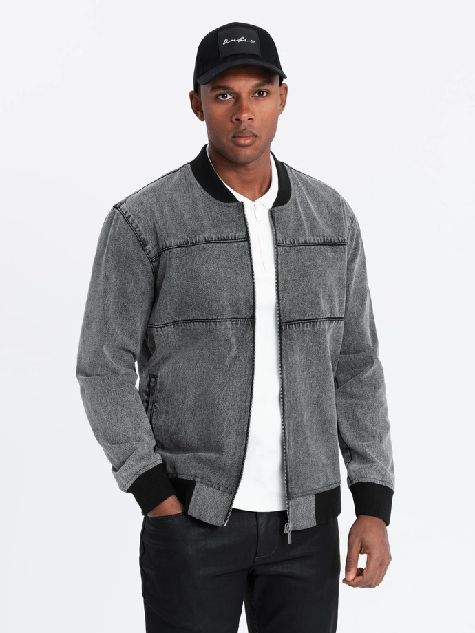 Men's denim bomber jacket with stone wash effect - grey V1 OM-JADJ-0163