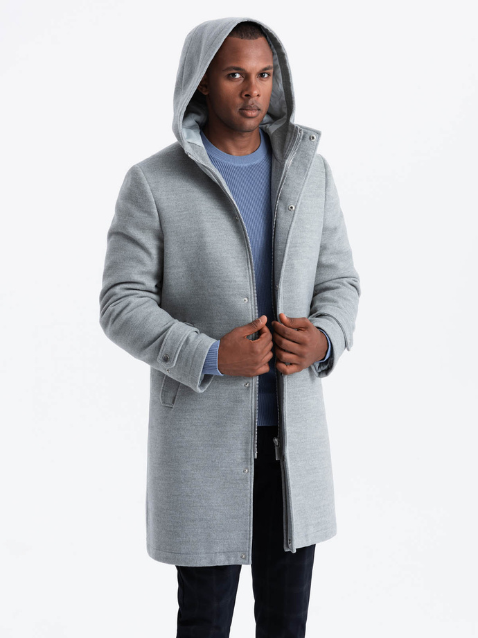 Monochrome long men's hooded coat - grey melange V1 OM-COWC-22FW-005