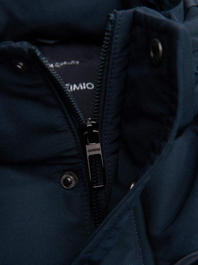 Pánská bunda s kapucí a geometrickým kosočtvercovým prošíváním - tmavě modrá V2 OM-JAHP-0237