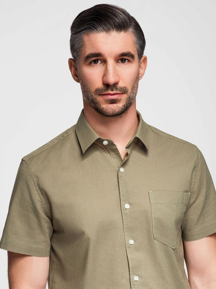 Men's short sleeve cotton and linen shirt with pocket - olive V6 OM-SHSS-0167