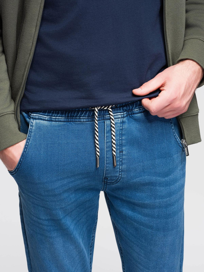 Pantaloni jogger din denim pentru bărbați cu cordon în talie - albastru V1 OM-PADJ-0242