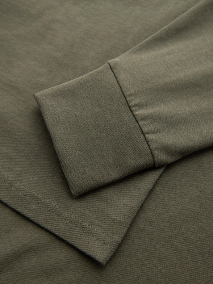 Men's cotton longsleeve with U neckline with stripes and embroidery - olive V1 OM-LSCL-0128