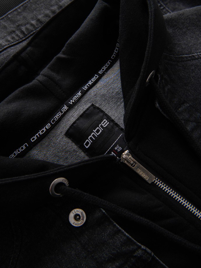 Jachetă din denim pentru bărbați cu mâneci tricotate și glugă - negru V3 OM-JADJ-0220