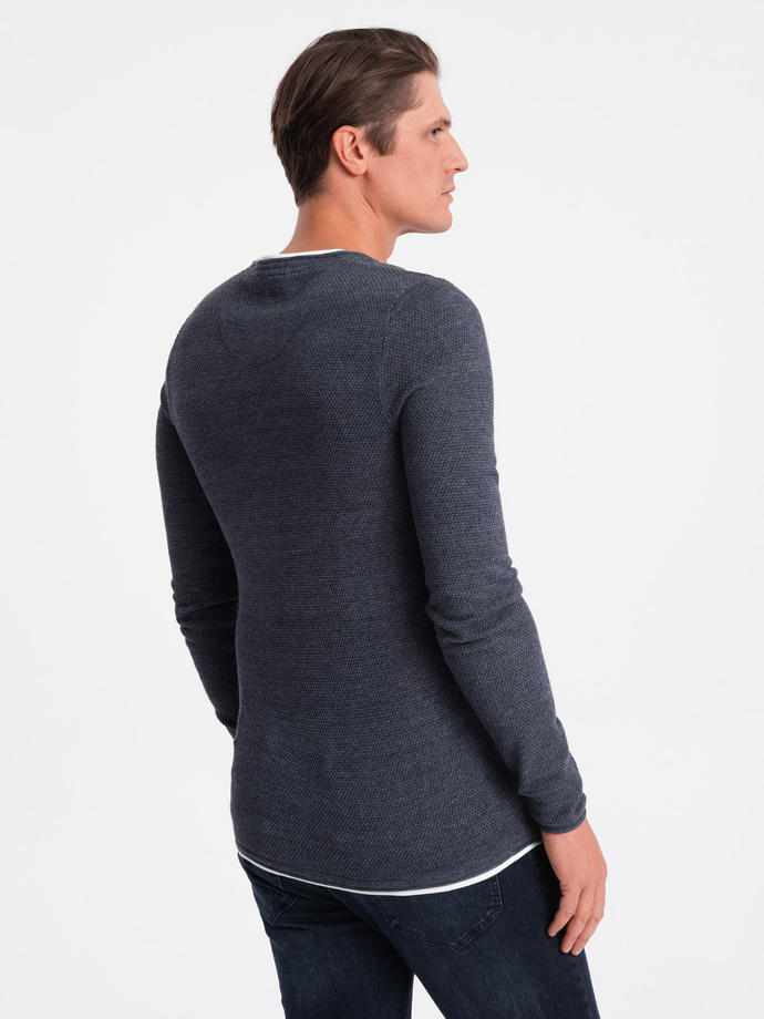 Men's cotton sweater with round neckline - navy blue melange V3 OM-SWSW-0103