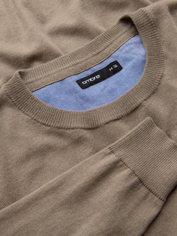 BASIC men's classic viscose sweater with round neckline - dark beige V15 OM-SWBS-0106