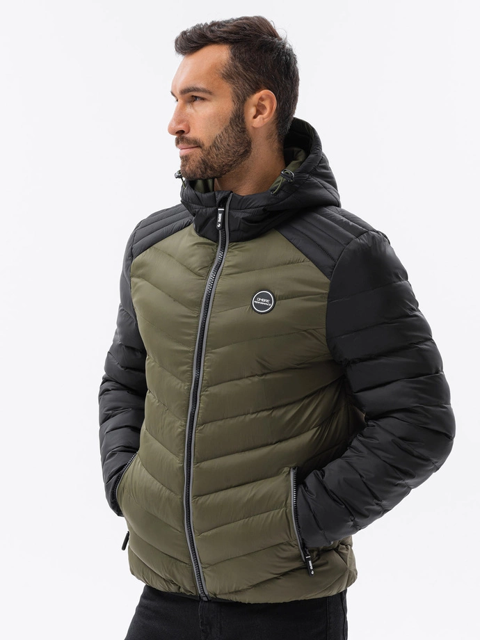 Men's quilted sports jacket - dark olive green V10 OM-JALP-0119