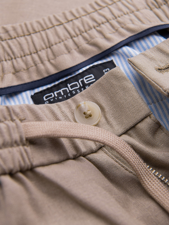 Pantaloni chino pentru bărbați din amestec de in, cu rolă - maro deschis V3 OM-PACP-0198