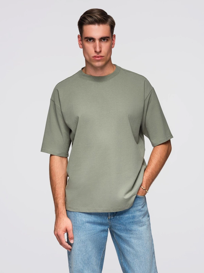 Pánské bavlněné tričko LOOSE FIT s kulatým výstřihem - khaki V8 OM-TSBC-0234